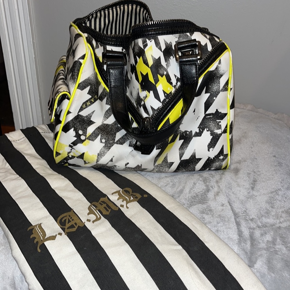 L.A.M.B neon yellow, black and white small bag with dust bag